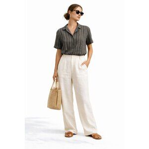 Lucky Brand Linen Blend Pinstripe Button Front Top Women’s Large Relaxed Fit